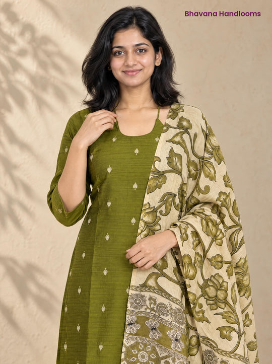 Olive Green Raw Silk 3PC Set · Cream & Olive Kalamkari Dupatta