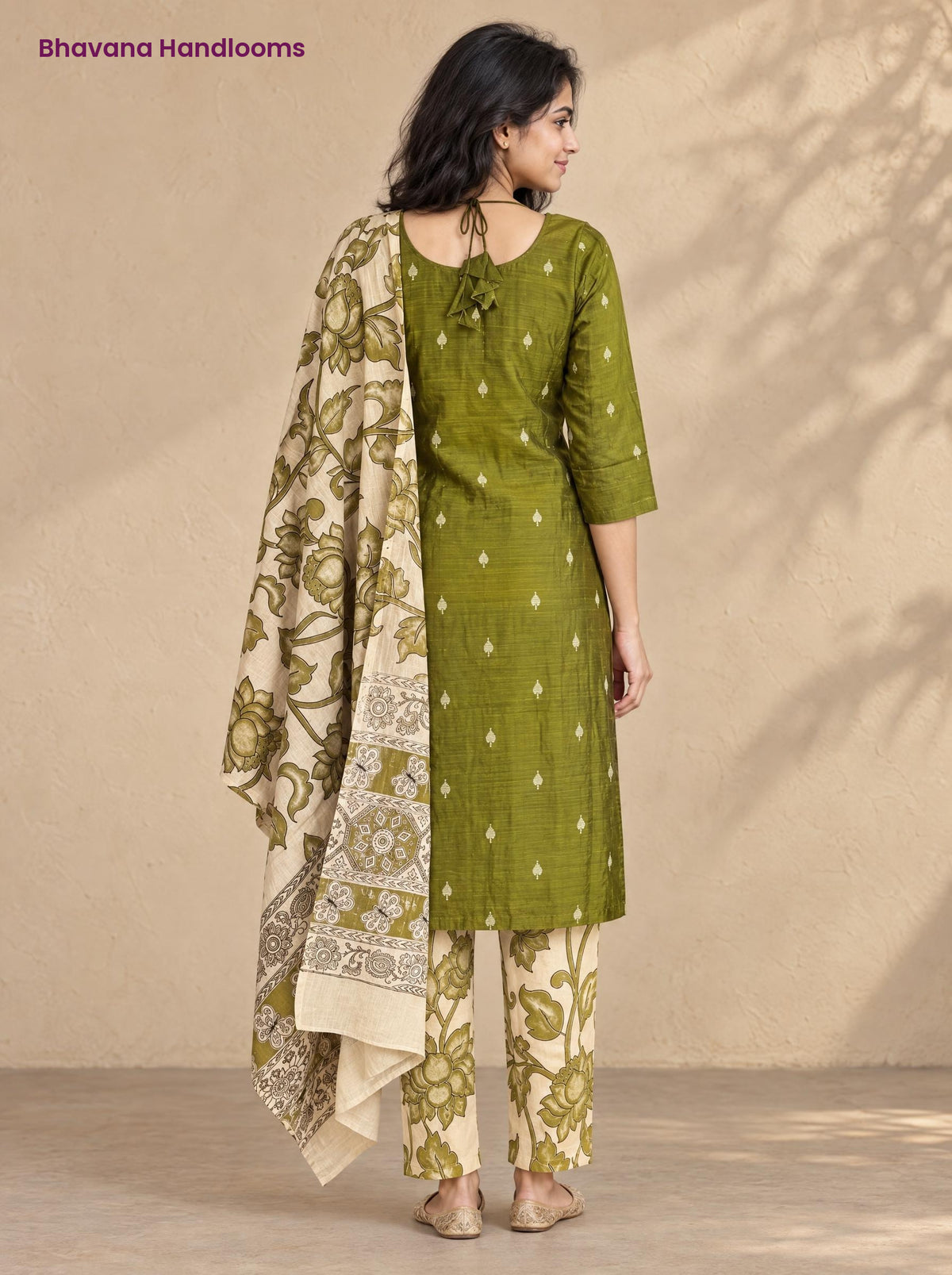Olive Green Raw Silk 3PC Set · Cream & Olive Kalamkari Dupatta
