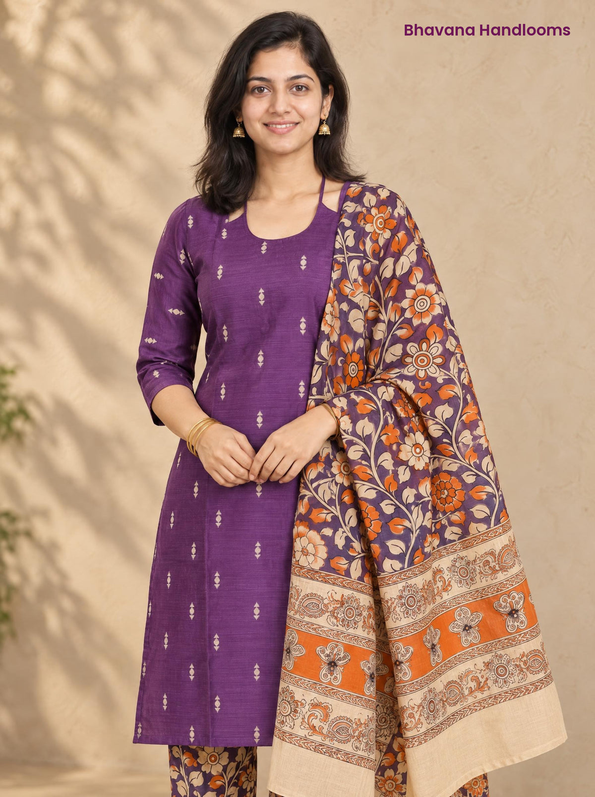 Purple Raw Silk 3PC Set · Maroon Kalamkari Dupatta