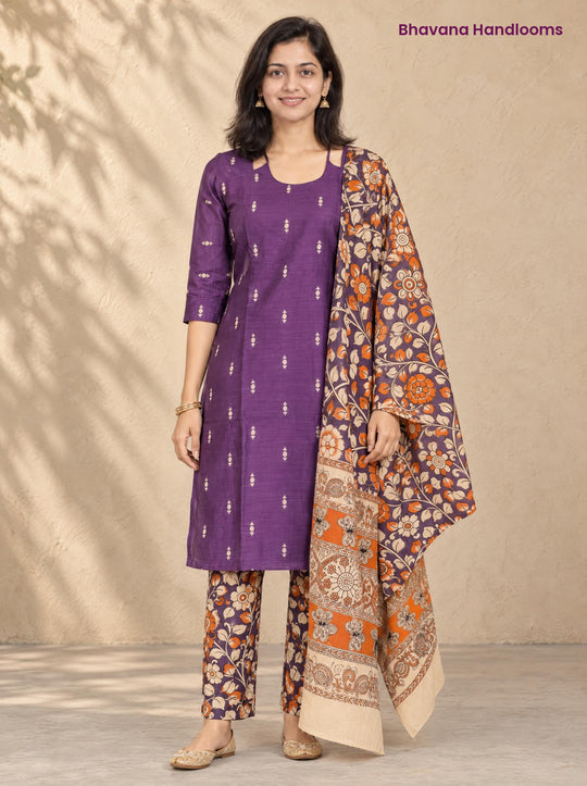 Purple Raw Silk 3PC Set · Maroon Kalamkari Dupatta