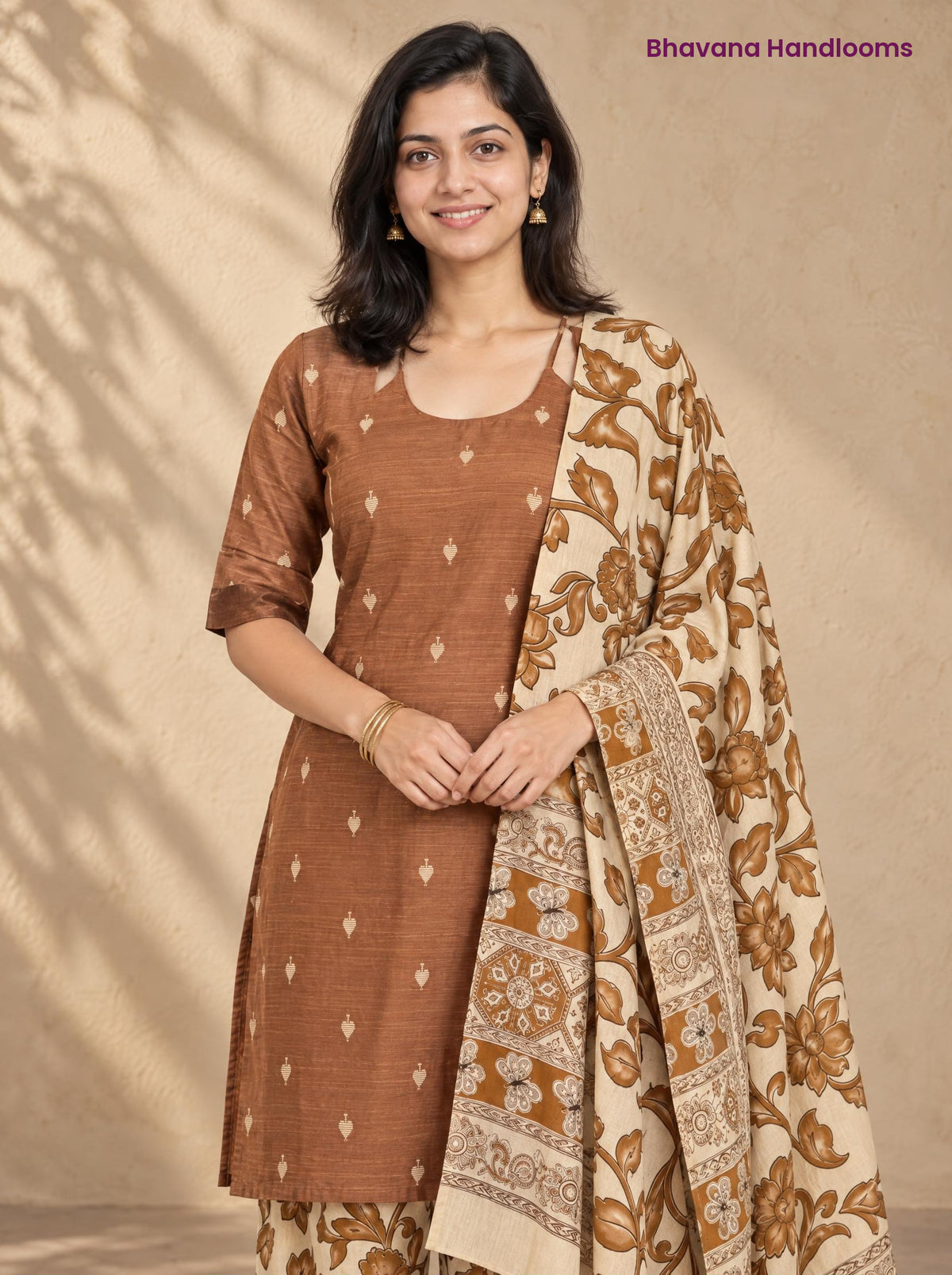 Brown Raw Silk 3PC Set · Cream & Brown Kalamkari Dupatta