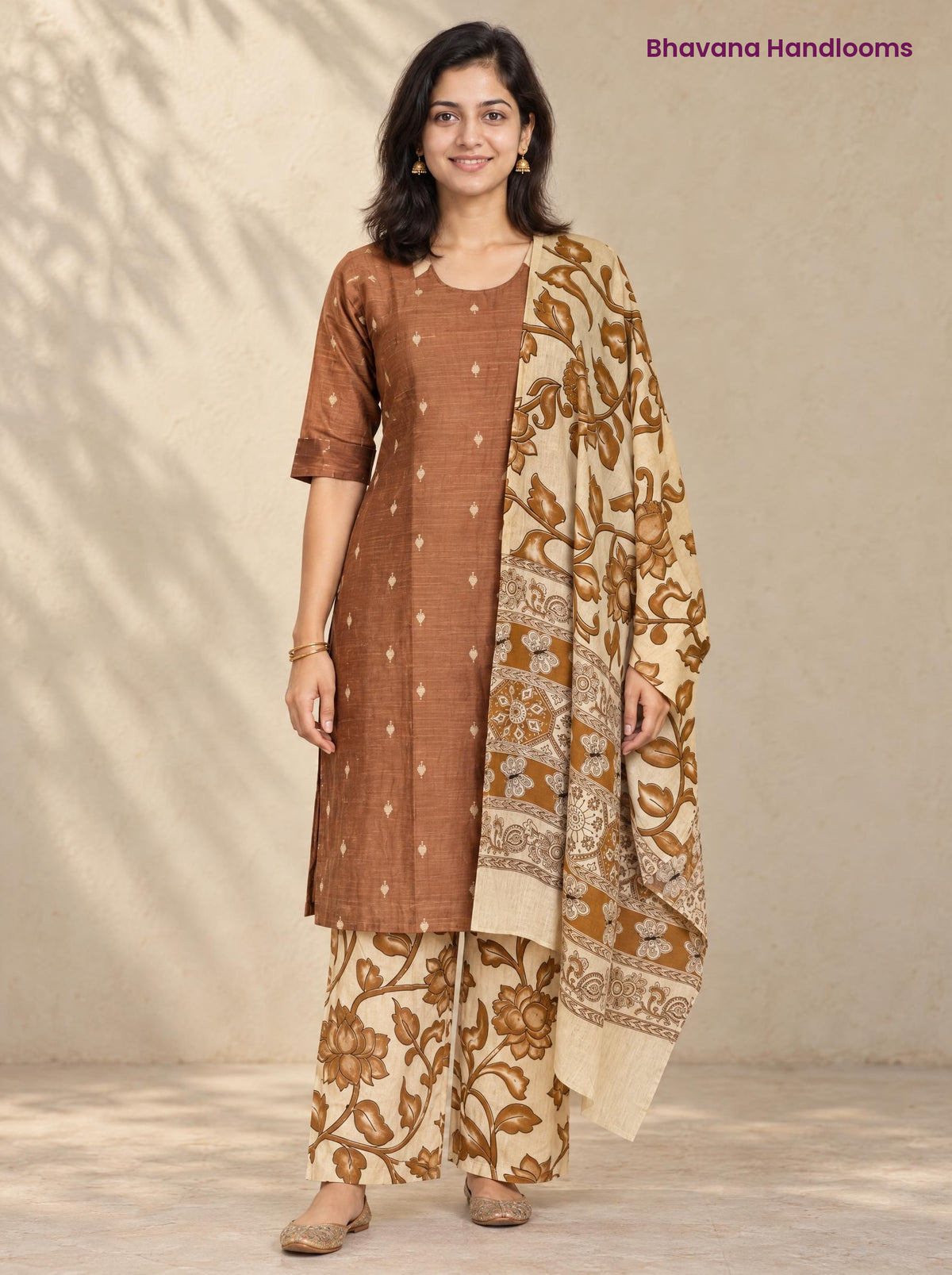 Brown Raw Silk 3PC Set · Cream & Brown Kalamkari Dupatta