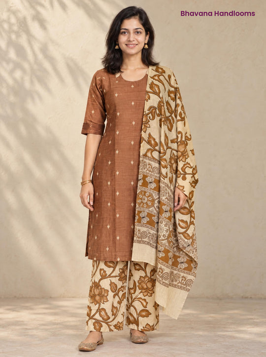 Brown Raw Silk 3PC Set · Cream & Brown Kalamkari Dupatta