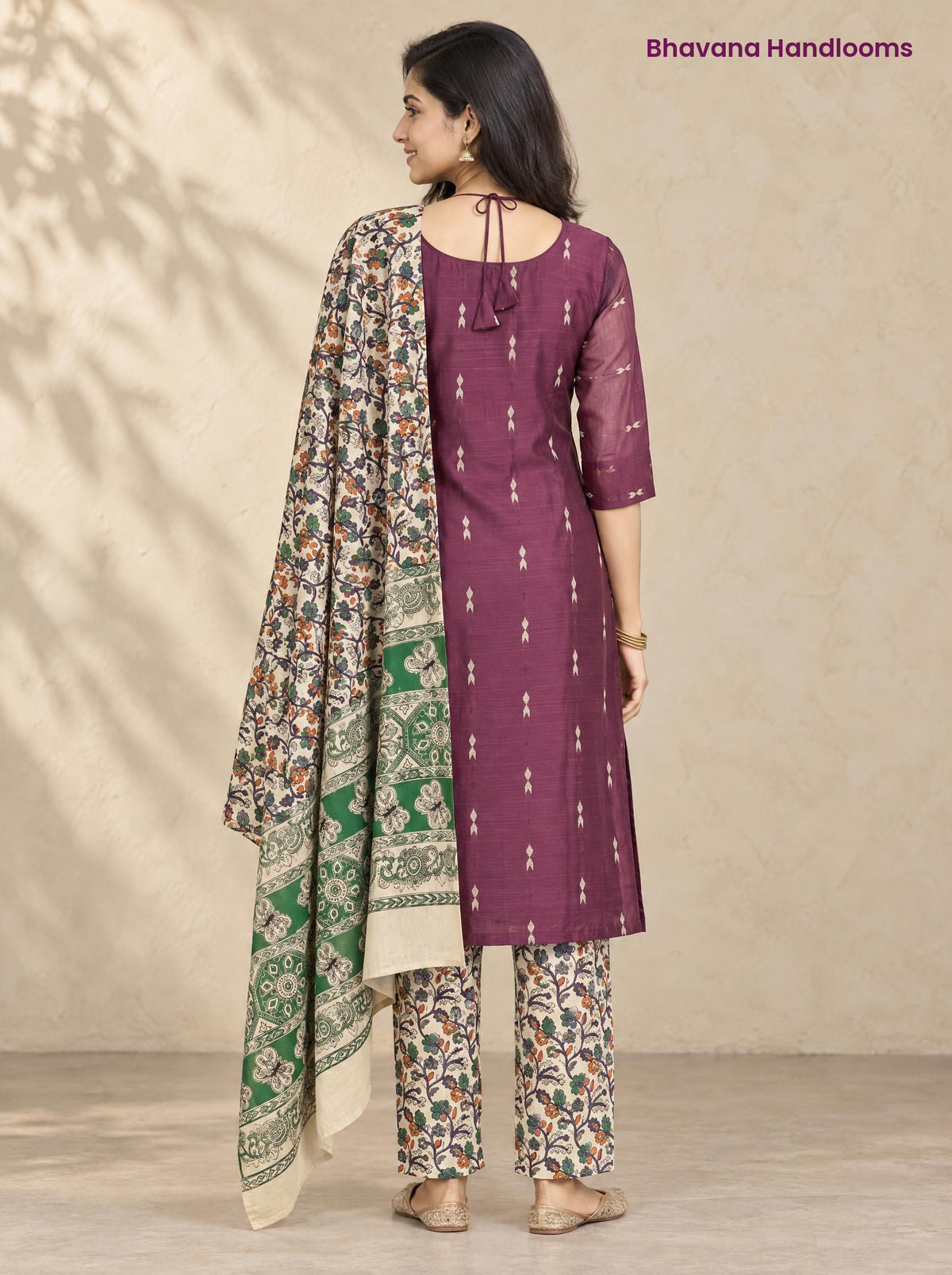 Plum Raw Silk 3PC Set · Green Kalamkari Dupatta