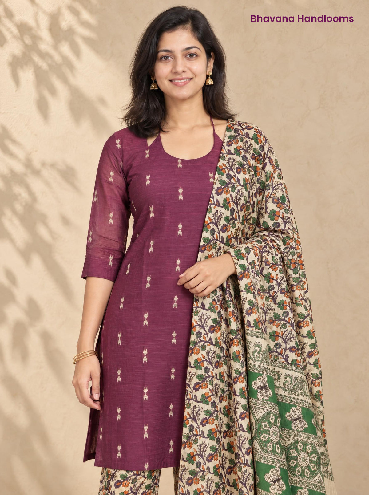 Plum Raw Silk 3PC Set · Green Kalamkari Dupatta