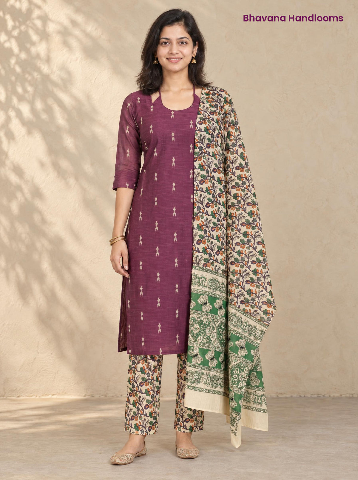 Plum Raw Silk 3PC Set · Green Kalamkari Dupatta