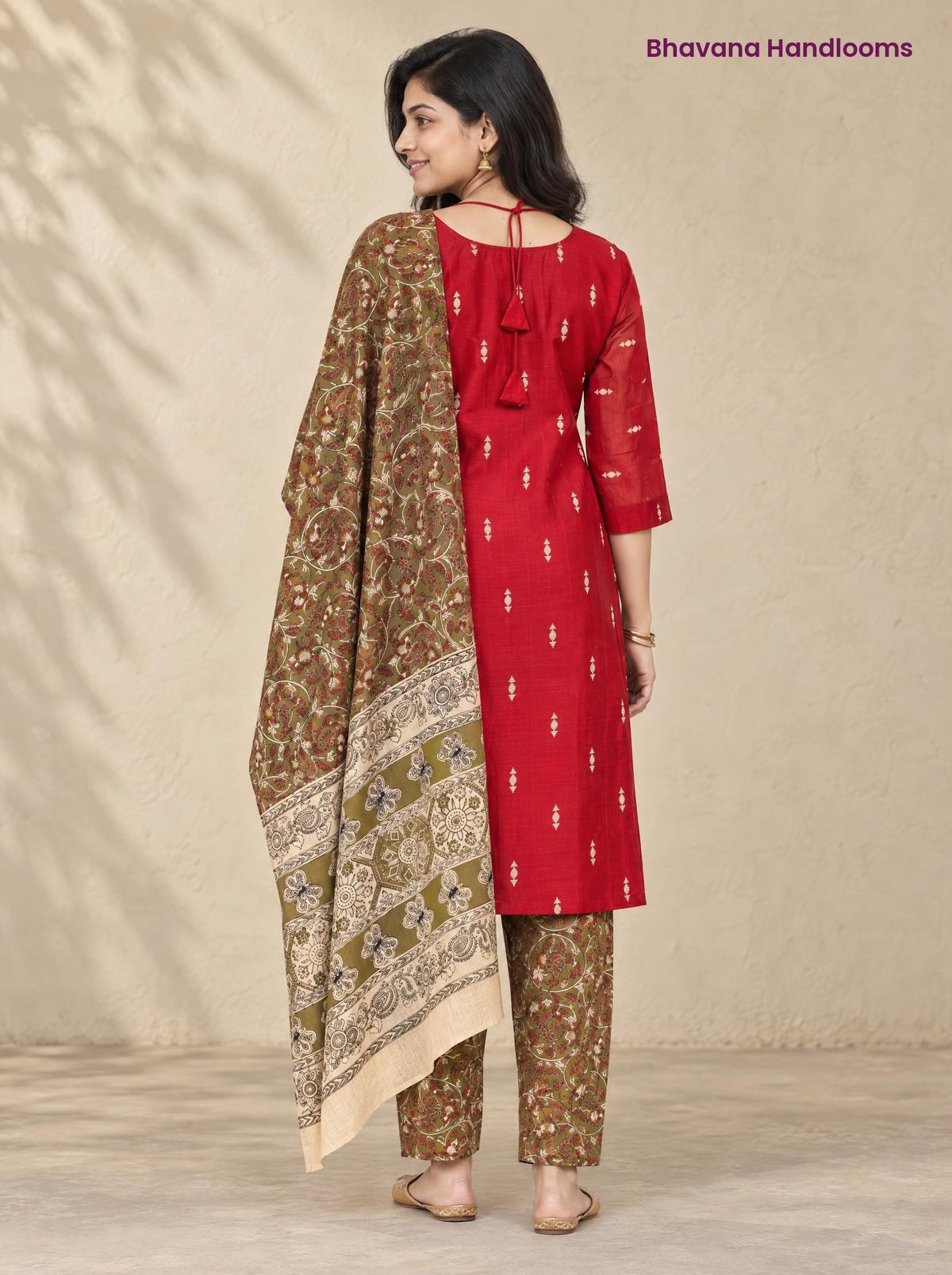 Red Raw Silk 3PC Set · Brown Kalamkari Dupatta