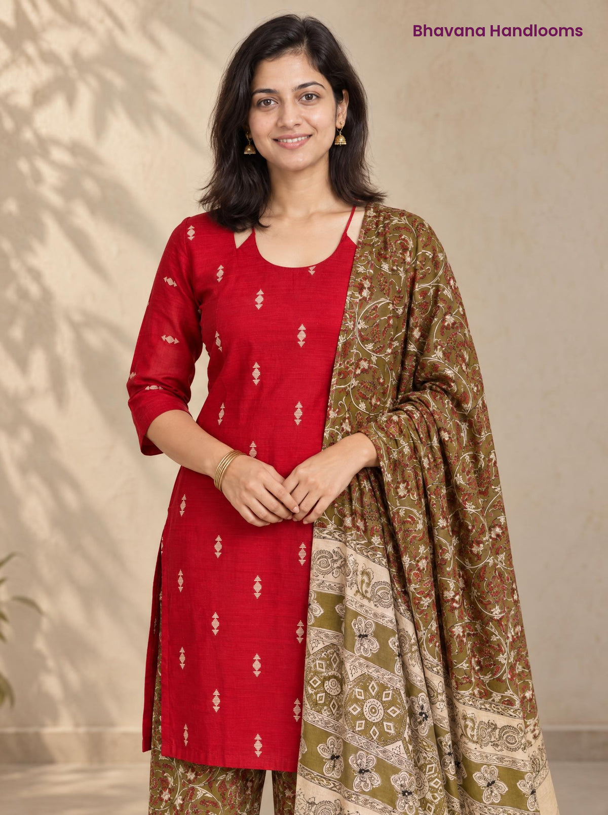 Red Raw Silk 3PC Set · Brown Kalamkari Dupatta