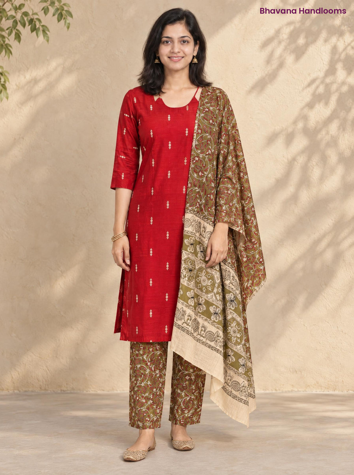 Red Raw Silk 3PC Set · Brown Kalamkari Dupatta