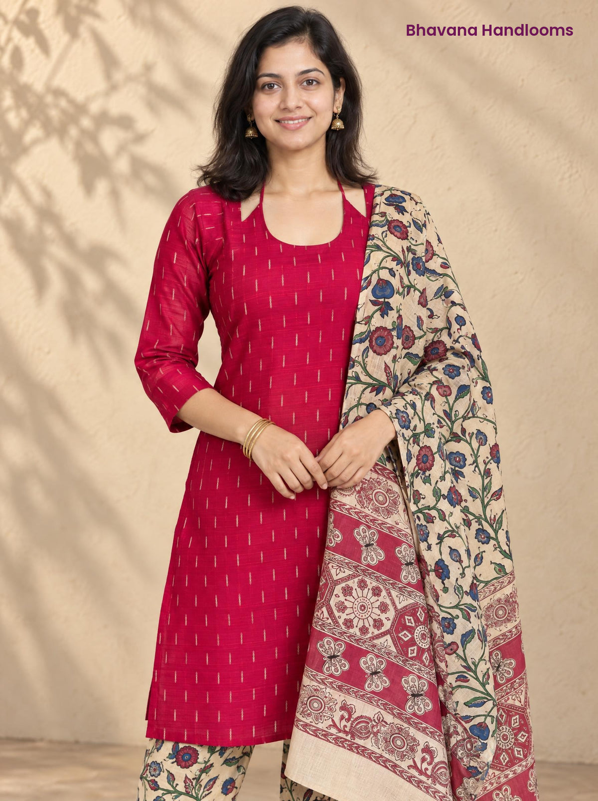 Rani Pink Raw Silk 3PC Set · Cream & Red Kalamkari Dupatta