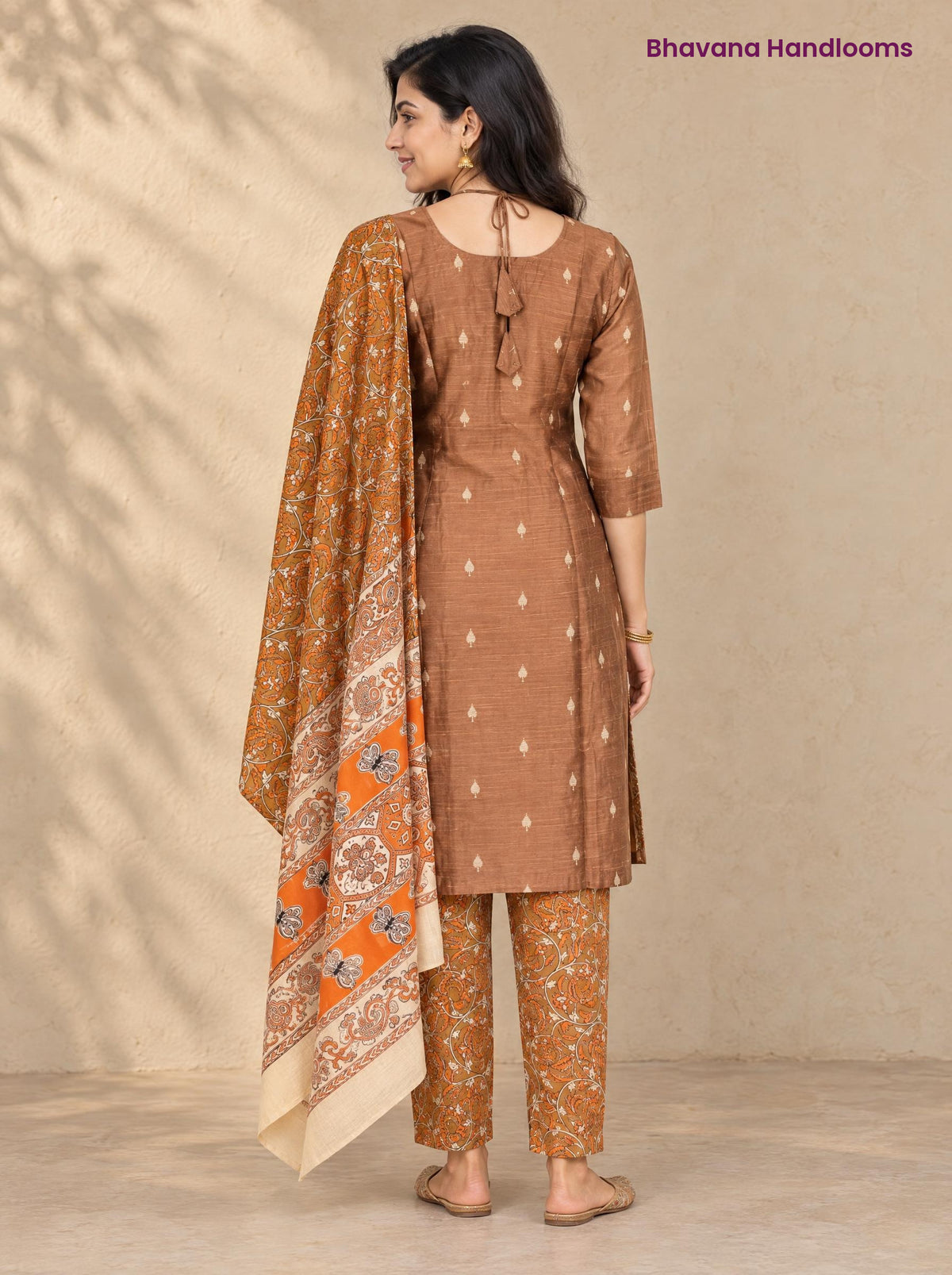 Coffee Brown Raw Silk 3PC Set · Rust Brown Kalamkari Dupatta
