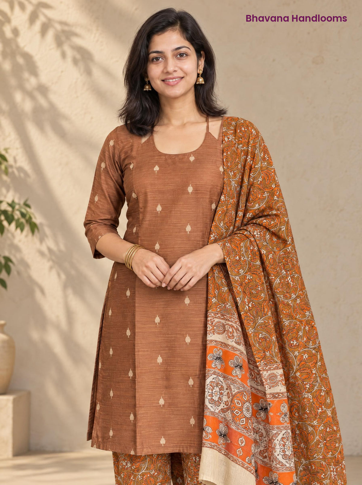 Coffee Brown Raw Silk 3PC Set · Rust Brown Kalamkari Dupatta