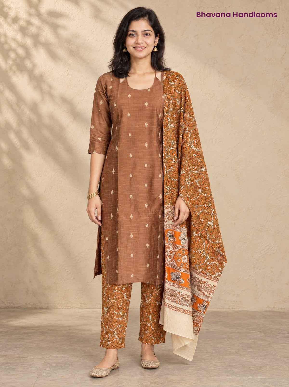 Coffee Brown Raw Silk 3PC Set · Rust Brown Kalamkari Dupatta