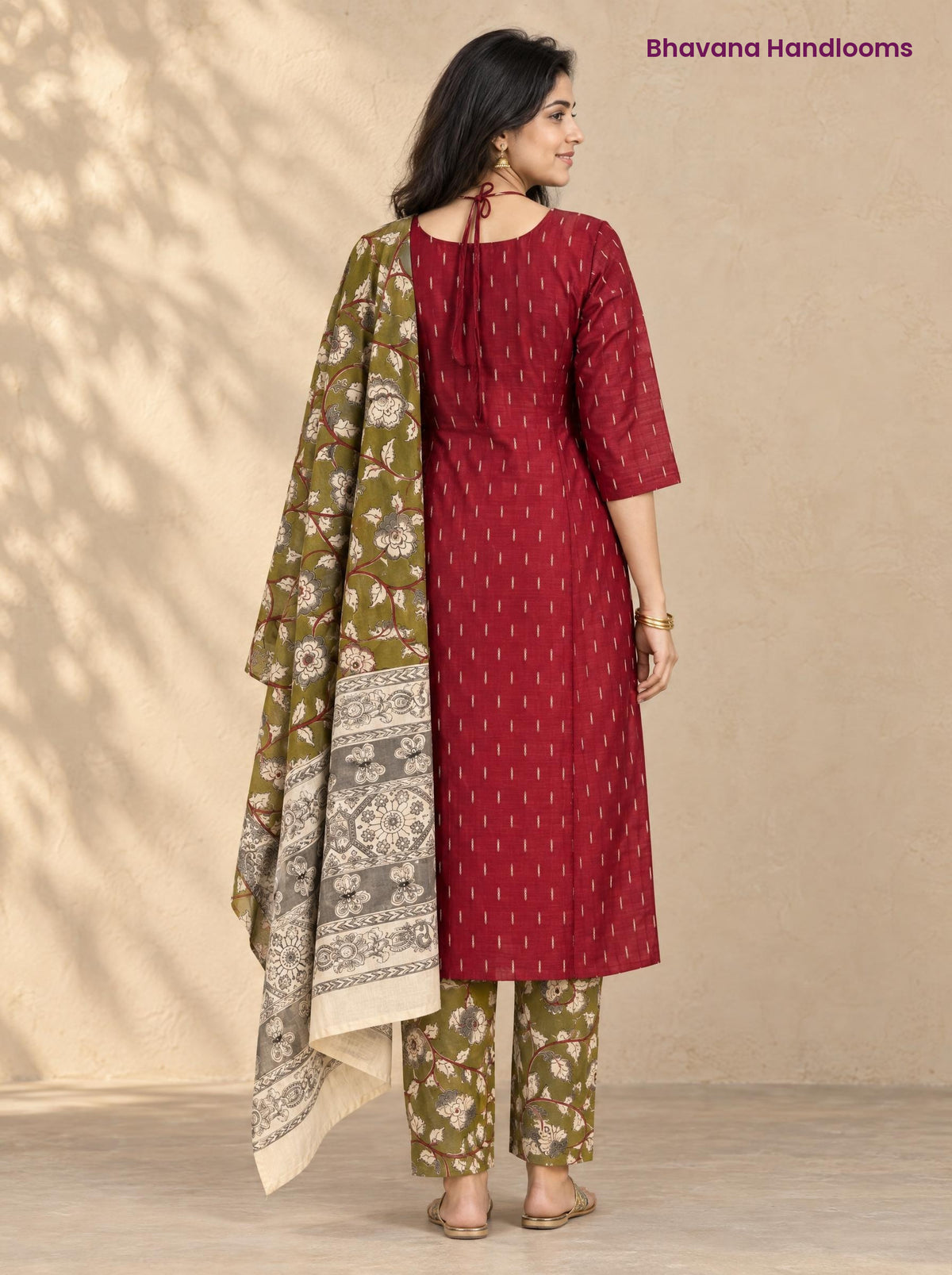 Maroon Raw Silk 3PC Set · Olive Green Kalamkari Dupatta