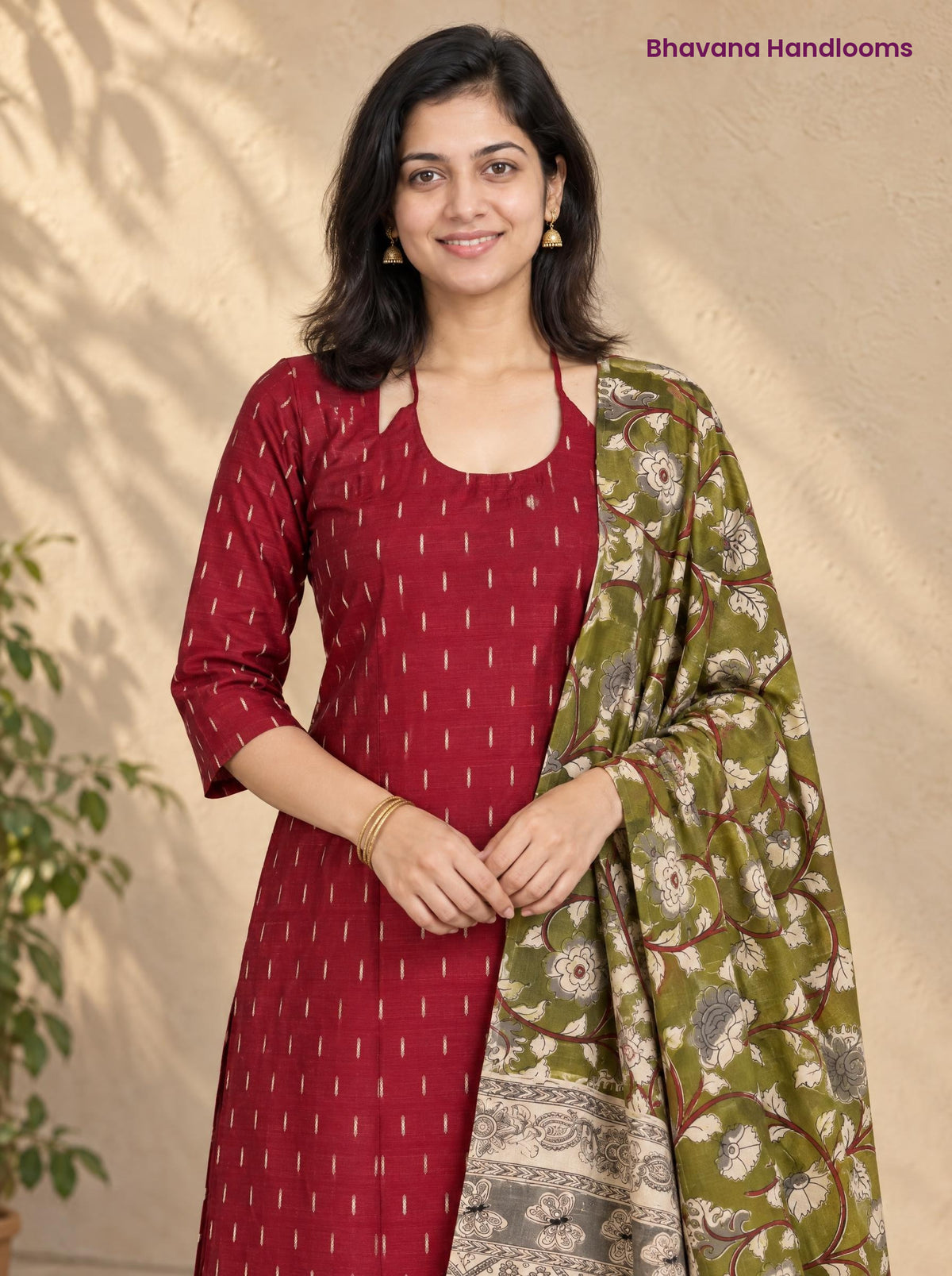Maroon Raw Silk 3PC Set · Olive Green Kalamkari Dupatta