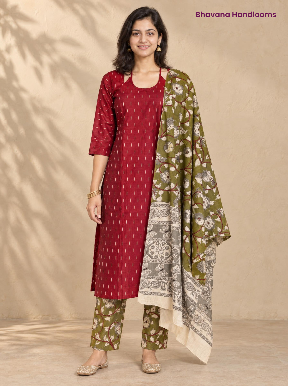 Maroon Raw Silk 3PC Set · Olive Green Kalamkari Dupatta