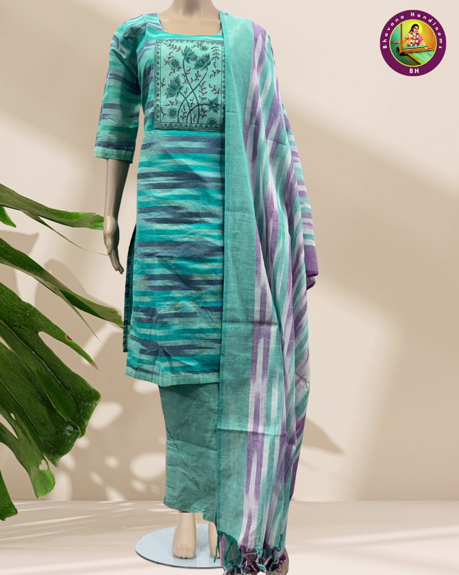 Ikkath Cotton Kurti Set Sea Blue Colour