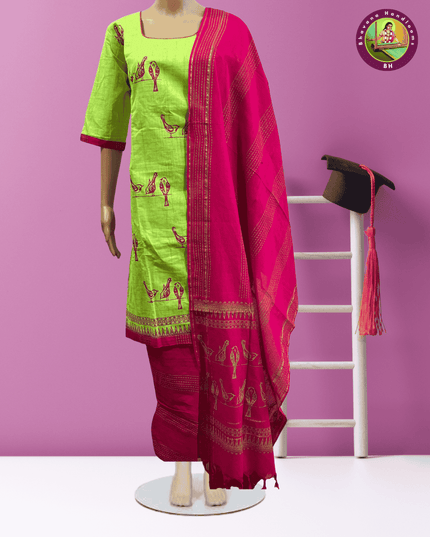Stitched cotton dress with Full length Lining  Pista Green Colour kalamkari design 3pc set