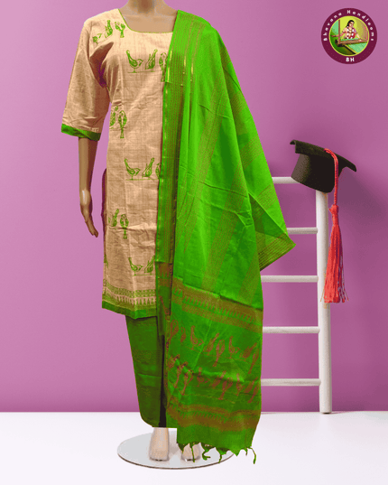 Stitched cotton dress with Full length Lining With Peach Colour kalamkari design 3pc set