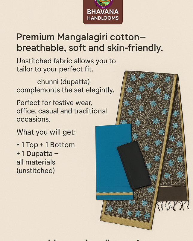 Mangalagiri Cotton Dress Material with White Chunni with Brown Colour
