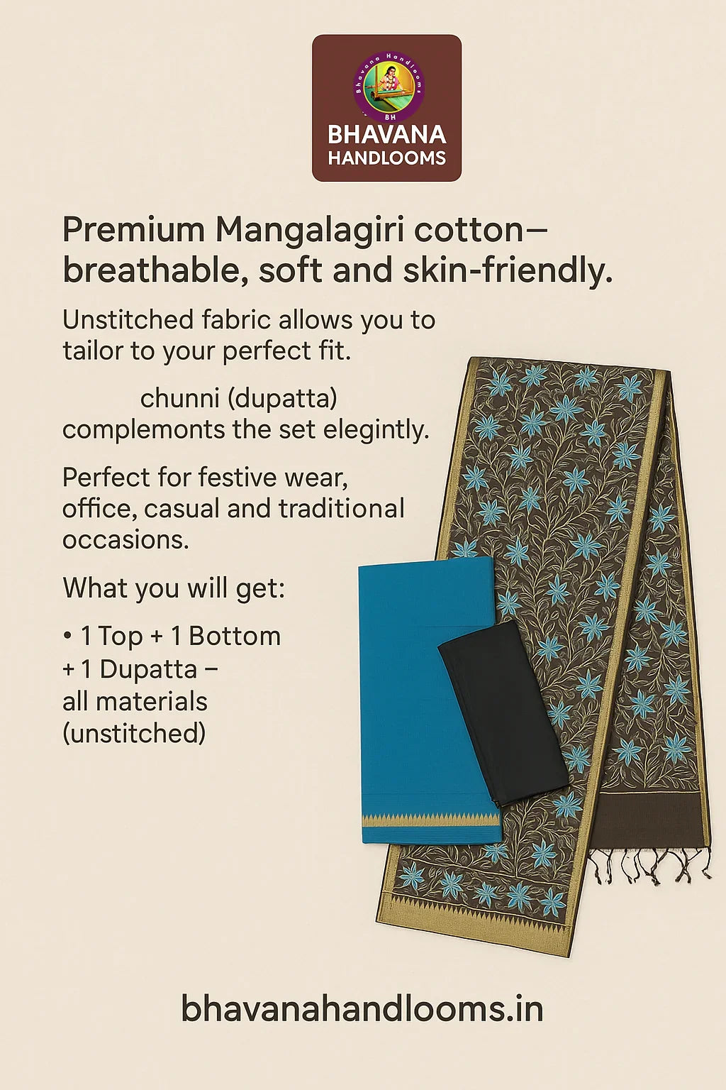 Mangalagiri Cotton Dress Material with White Chunni with Beige Colour