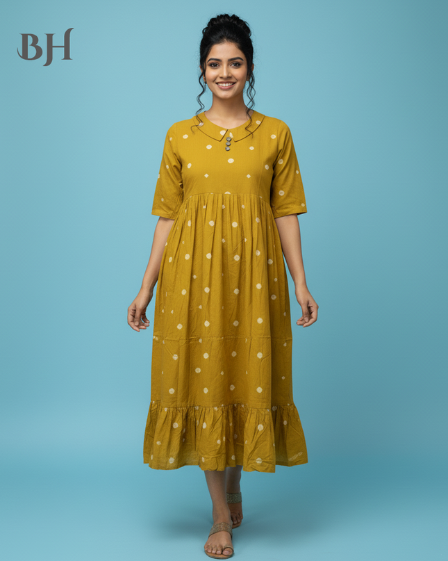 Handloom Jacquard Collar Neck Cotton Frock – Elegant Yellow Dress for Women