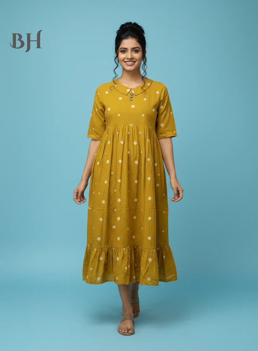 Handloom Jacquard Collar Neck Cotton Frock – Elegant Yellow Dress for Women