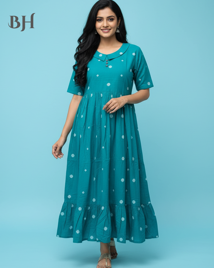 Handloom Jacquard Collar Neck Cotton Frock – Elegant Frozen Turquoise Dress for Women