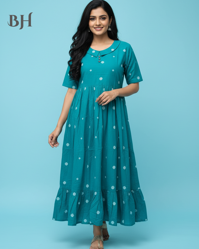 Handloom Jacquard Collar Neck Cotton Frock – Elegant Frozen Turquoise Dress for Women