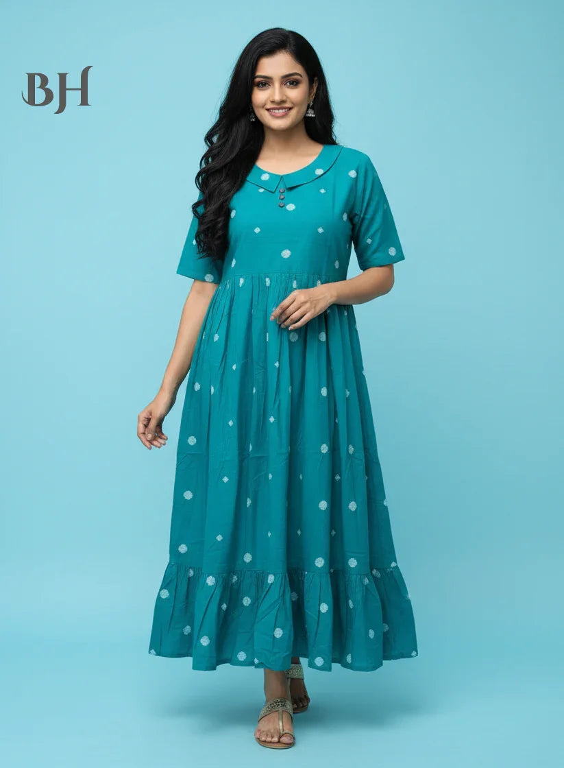 Handloom Jacquard Collar Neck Cotton Frock – Elegant Frozen Turquoise Dress for Women