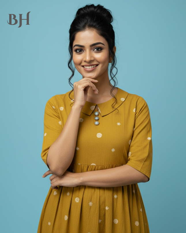 Handloom Jacquard Collar Neck Cotton Frock – Elegant Yellow Dress for Women