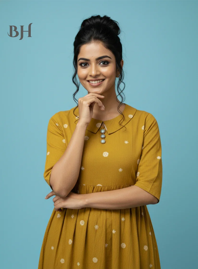 Handloom Jacquard Collar Neck Cotton Frock – Elegant Yellow Dress for Women