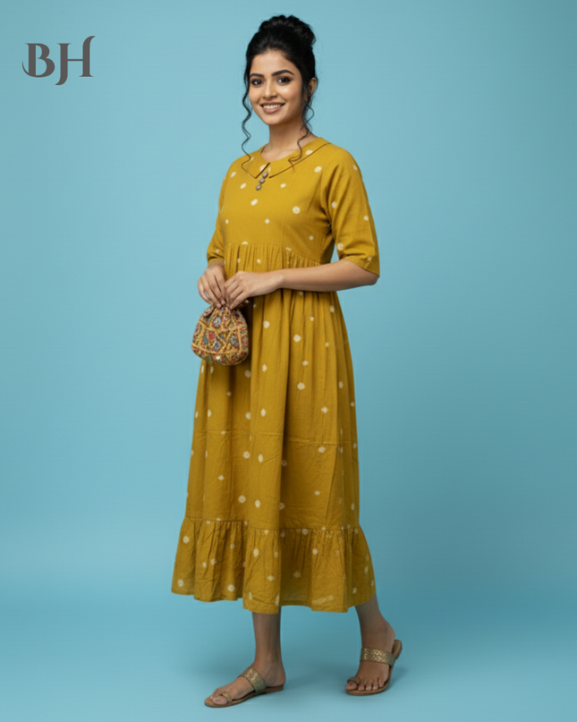 Handloom Jacquard Collar Neck Cotton Frock – Elegant Yellow Dress for Women