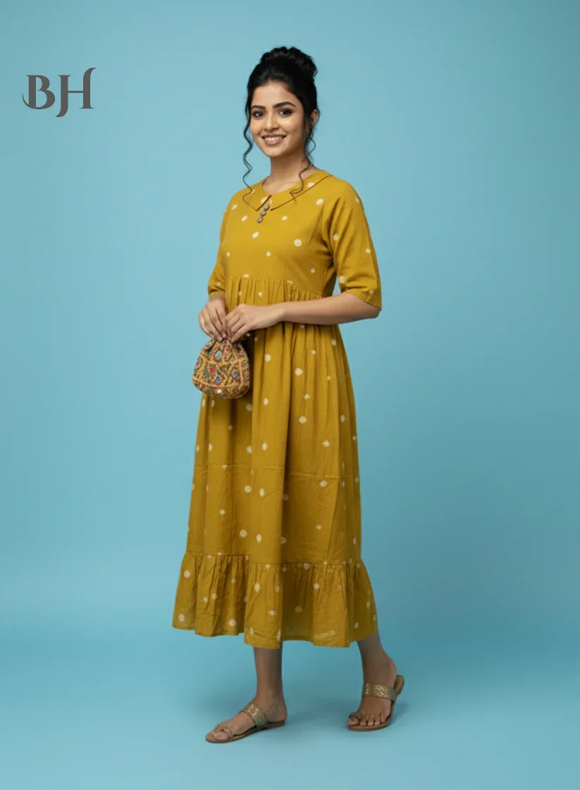 Handloom Jacquard Collar Neck Cotton Frock – Elegant Yellow Dress for Women