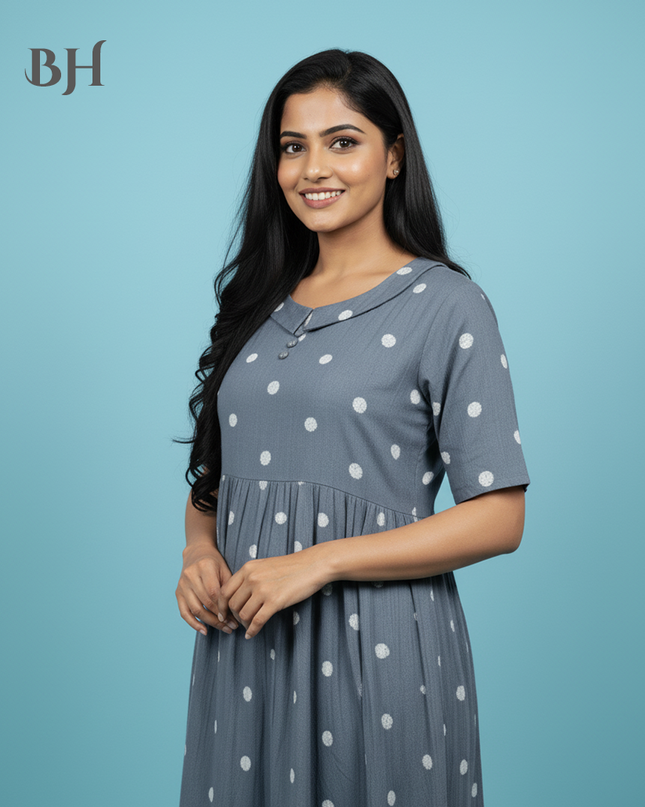 Handloom Jacquard Collar Neck Cotton Frock – Elegant Gray Dress for Women
