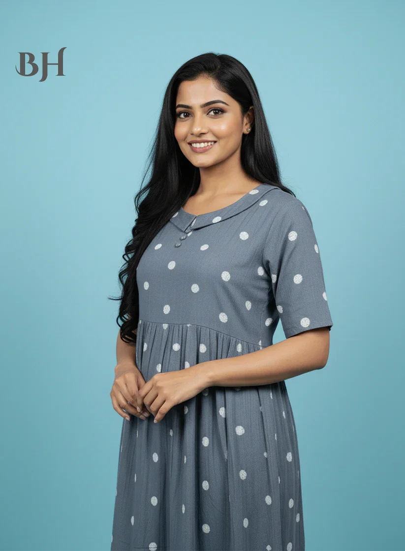 Handloom Jacquard Collar Neck Cotton Frock – Elegant Gray Dress for Women
