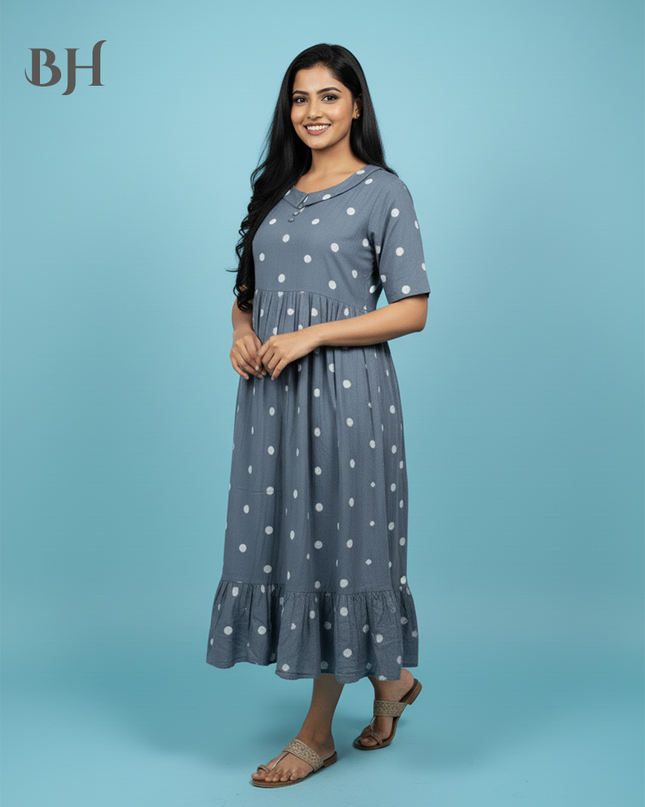 Handloom Jacquard Collar Neck Cotton Frock – Elegant Gray Dress for Women