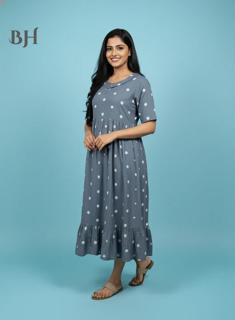 Handloom Jacquard Collar Neck Cotton Frock – Elegant Gray Dress for Women