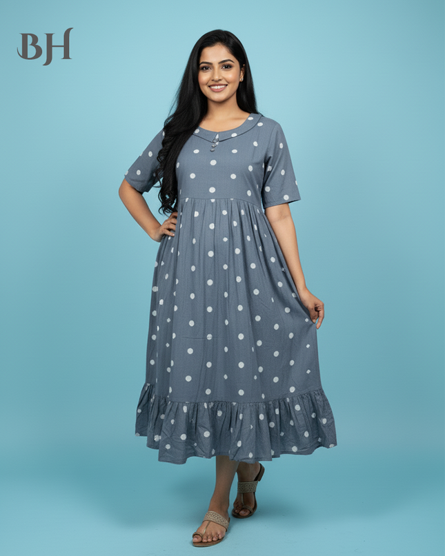 Handloom Jacquard Collar Neck Cotton Frock – Elegant Gray Dress for Women