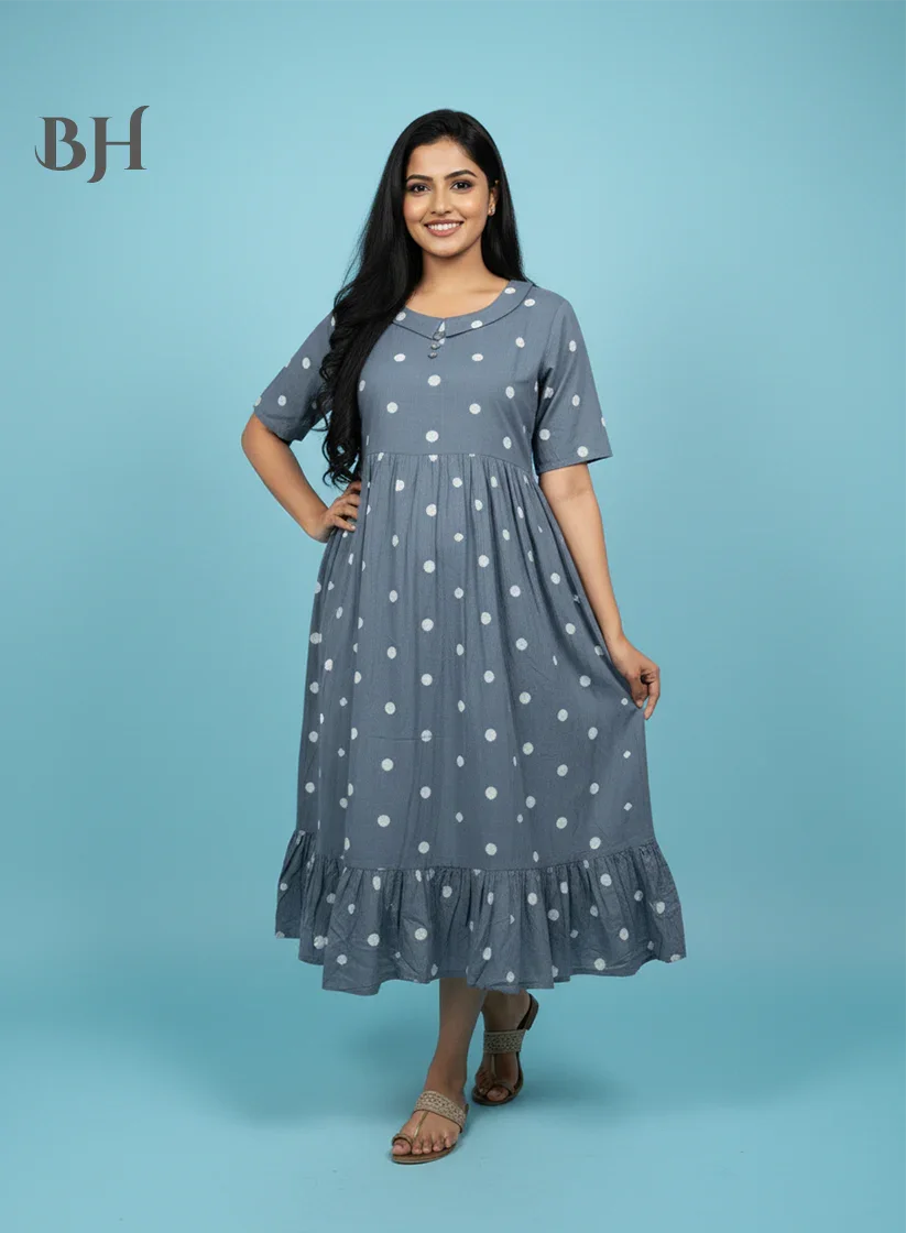 Handloom Jacquard Collar Neck Cotton Frock – Elegant Gray Dress for Women