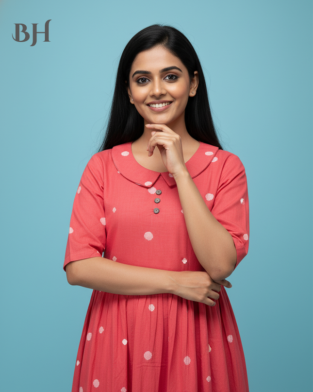 Handloom Jacquard Collar Neck Cotton Frock – Elegant Pink Dress for Women