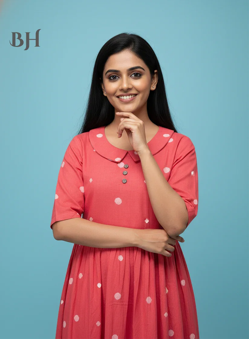 Handloom Jacquard Collar Neck Cotton Frock – Elegant Pink Dress for Women