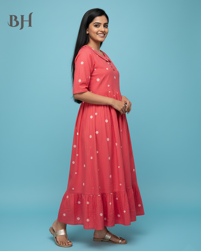 Handloom Jacquard Collar Neck Cotton Frock – Elegant Pink Dress for Women