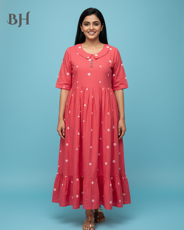 Handloom Jacquard Collar Neck Cotton Frock – Elegant Pink Dress for Women