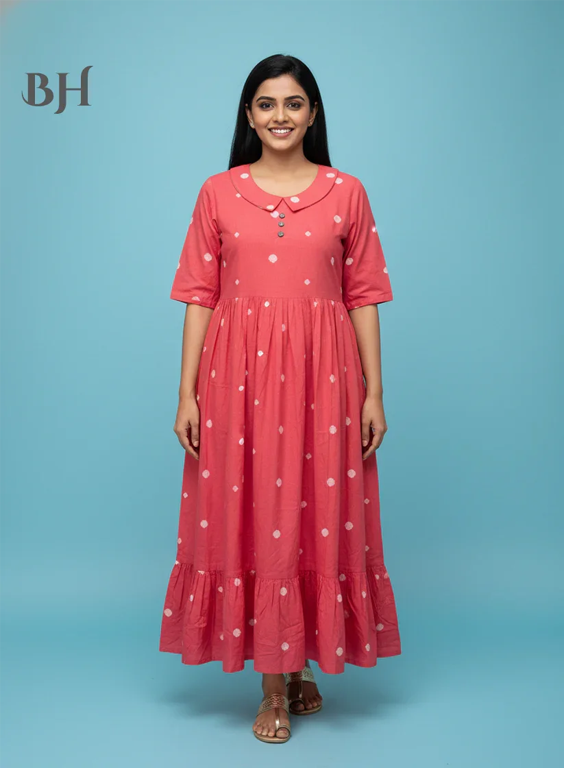 Handloom Jacquard Collar Neck Cotton Frock – Elegant Pink Dress for Women