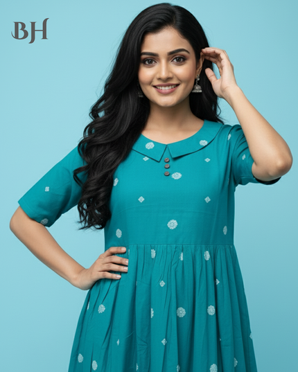 Handloom Jacquard Collar Neck Cotton Frock – Elegant Frozen Turquoise Dress for Women