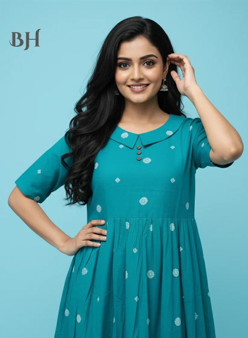 Handloom Jacquard Collar Neck Cotton Frock – Elegant Frozen Turquoise Dress for Women