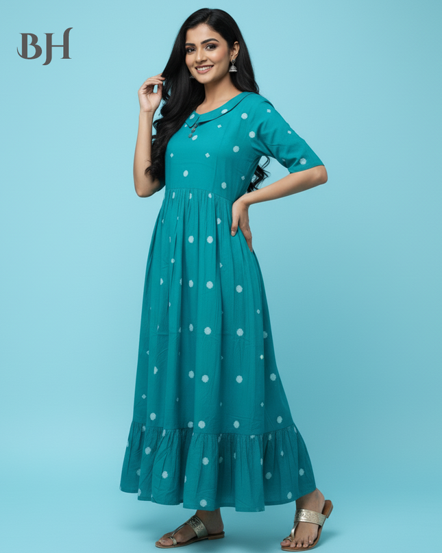 Handloom Jacquard Collar Neck Cotton Frock – Elegant Frozen Turquoise Dress for Women