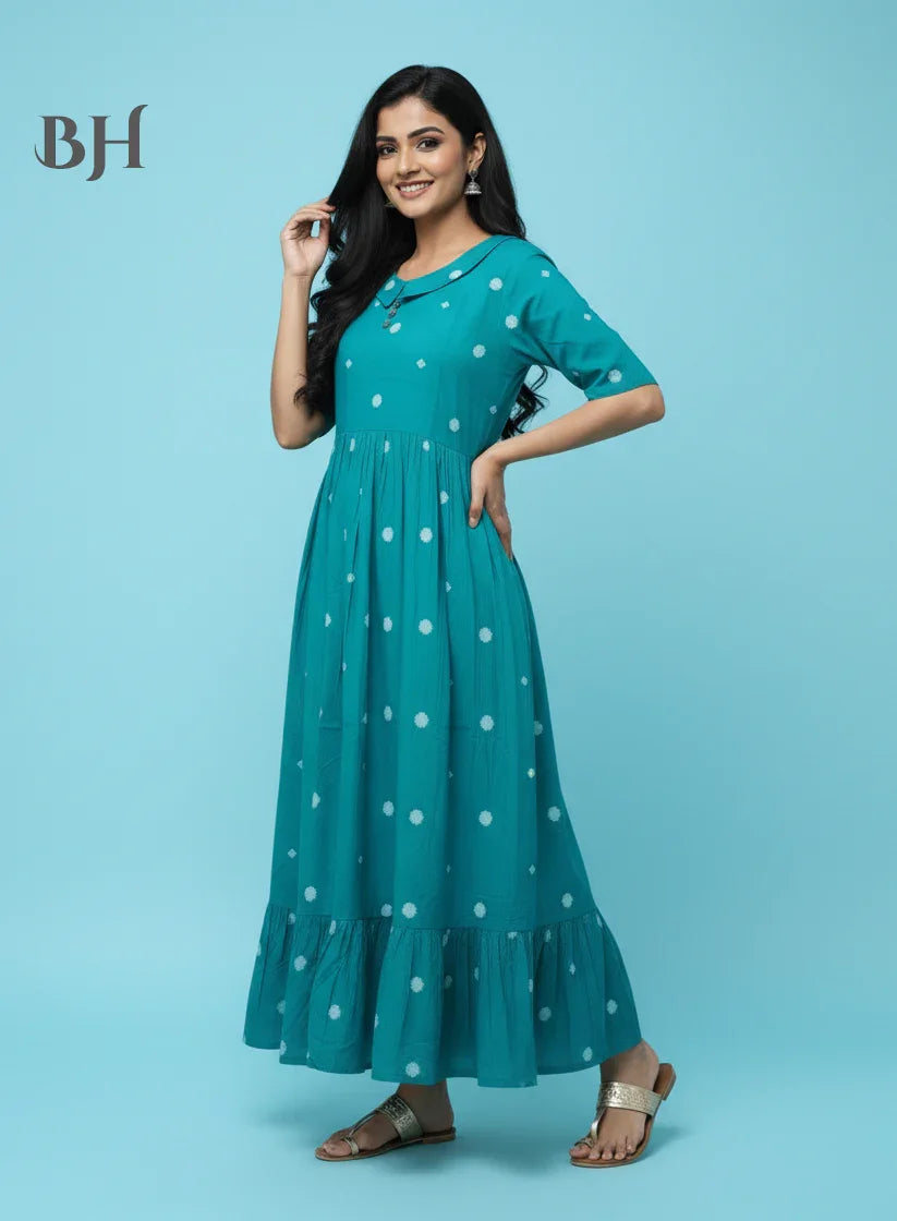 Handloom Jacquard Collar Neck Cotton Frock – Elegant Frozen Turquoise Dress for Women