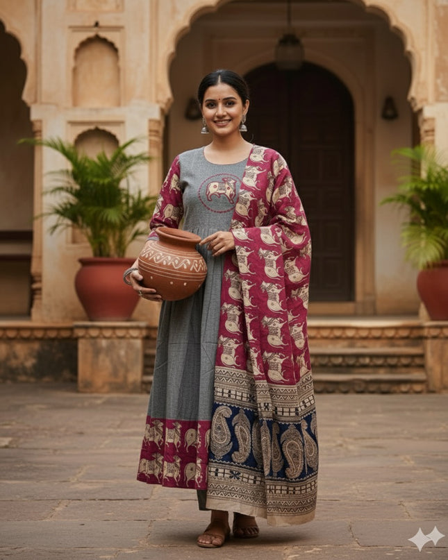 Premium 2-Piece Frock Set Gray Colour – Bhavana Originals Exclusive
